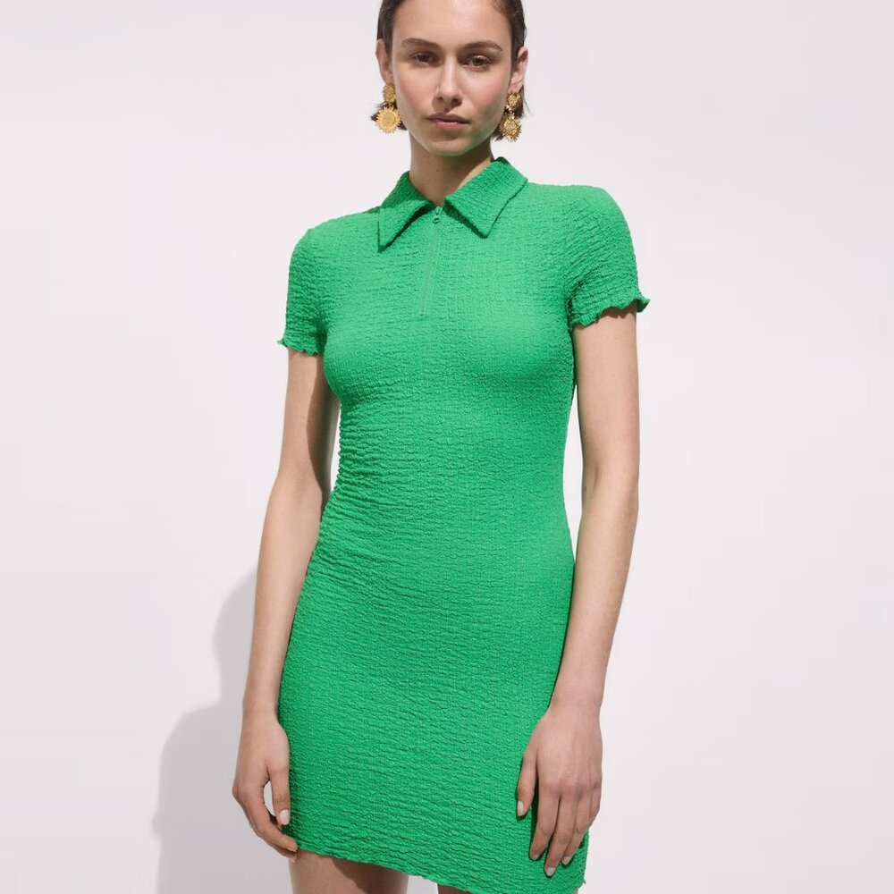 MANGO TEXTURED ZIP FRONT COLLARED SHIRT DRESS 'TRAMA' IN GREEN NWT SIZE 8